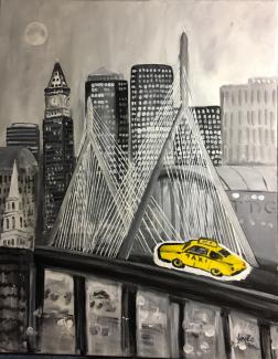 Contemporary "Yellow Cab on Zakim Bridge" - Original Art by Joyce Frederick