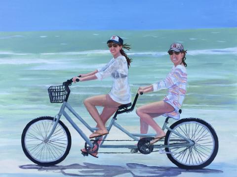 Bycicle Beach Sisters - painting by Joyce Frederick