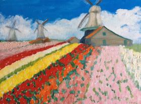 Windmills in Tulip Field - Original art by Joyce Frederick