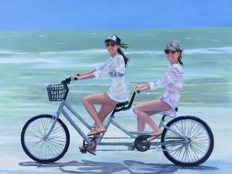 Bicycle Beach Sisters - painting by Joyce Frederick
